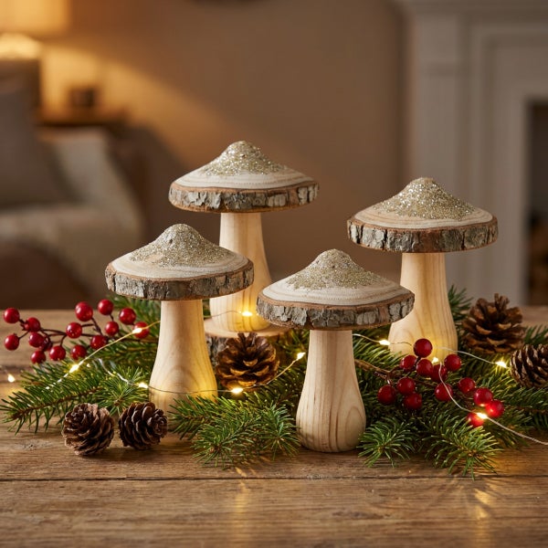 Drei dekorative Holzpilze mit Glitzer auf den Hüten als Tischdekoration mit Tannenzweigen, Tannenzapfen, roten Beeren und Lichterkette.
