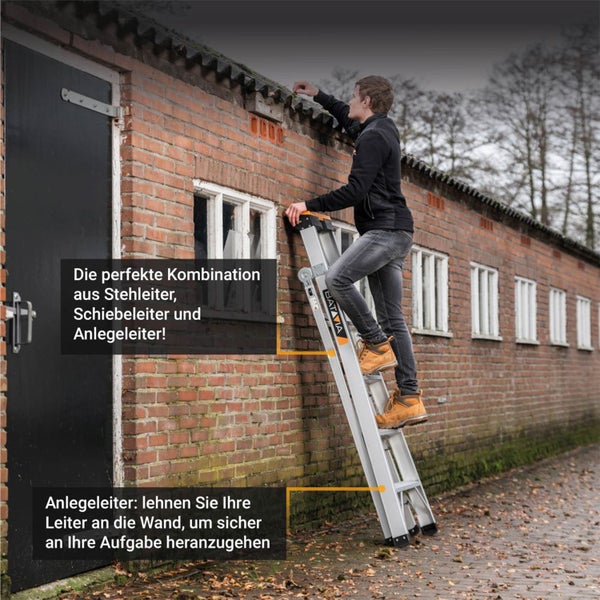 Ein Mann nutzt eine Batavia Aluminium-Multifunktionsleiter als Anlegeleiter an einer Wand.