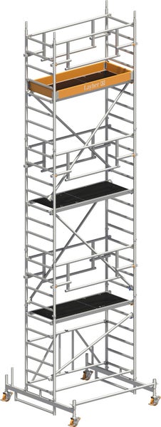 Layher Fahrgerüst mit zwei Plattformen und einem Materialkorb