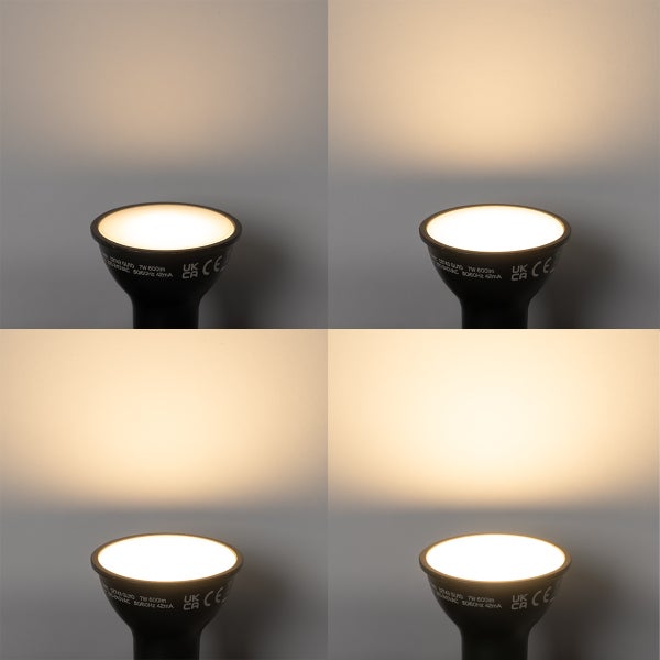 Vergleich von vier Helligkeitsstufen eines dimmbaren GU10 LED Leuchtmittels in Schwarz mit warmweißem Licht.