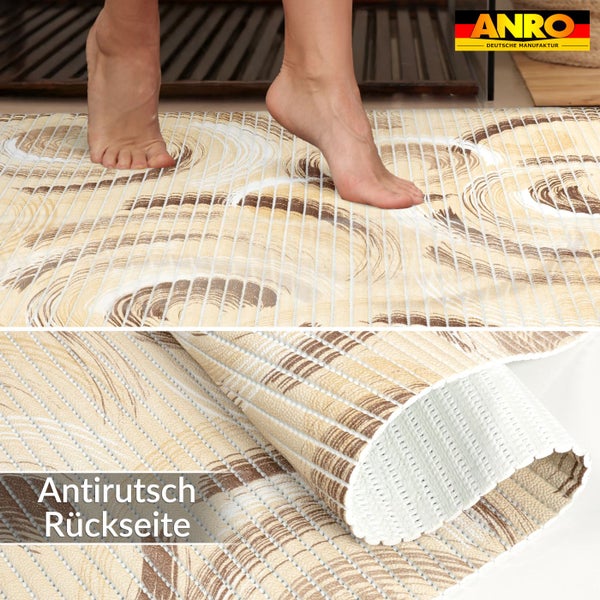 ANRO Logo. Badematte mit abstraktem Muster und rutschfester Rückseite. Füße stehen auf der weichen Schaumstoffmatte im Badezimmer.