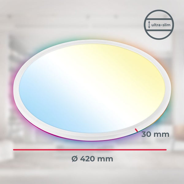 Rundes ultraflaches LED-Panel mit Hintergrundbeleuchtung und einstellbarer Farbtemperatur. Durchmesser 420 Millimeter, Höhe 30 Millimeter.