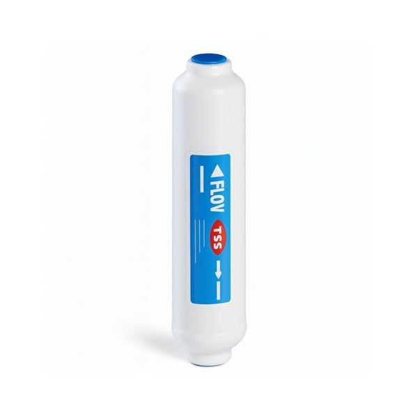 Weißer Inline-Wasserfilter TSS FLOW aus Kunststoff.