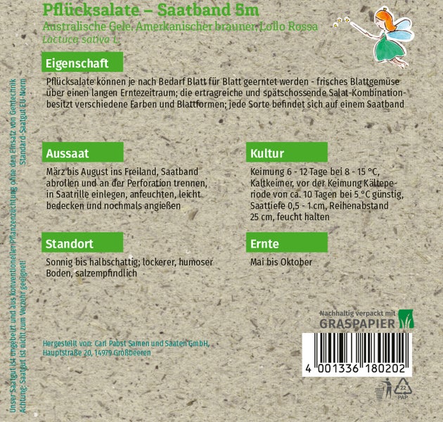 Rückseite der Verpackung für Pflücksalat Saatband 5 Meter mit Informationen zu Aussaat, Standort, Kultur und Ernte sowie Hinweis auf Graspapier.