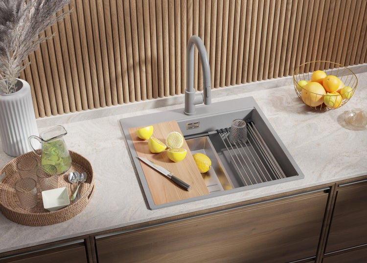 PRIMAGRAN Spülbecken Grau 58x53cm, Granitspüle 1 Becken + Ablauf-Set + Küchenzubehörset, Küchenspüle ab 60er Unterschrank - Oslo Max