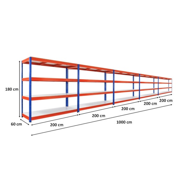 Langes Schwerlastregal mit vier Ebenen und den Maßen 180 cm Höhe, 60 cm Tiefe und 1000 cm Breite