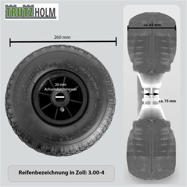 Trutzholm Sackkarrenrad mit Kunststofffelge 260 Millimeter Durchmesser 20 Millimeter Achsdurchmesser 3.00-4 Reifen