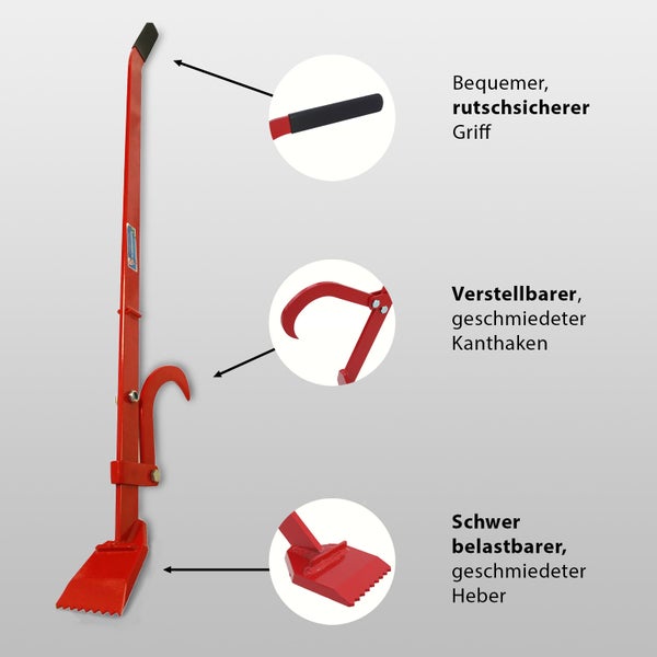 Stammwendehaken mit verstellbarem Kanthaken und schwer belastbarem Heber mit rutschsicherem Griff.