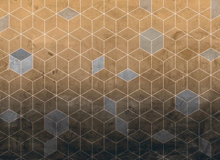 Moderne Fototapete mit geometrischem 3D-Würfelmuster und strukturierter Betonoptik.