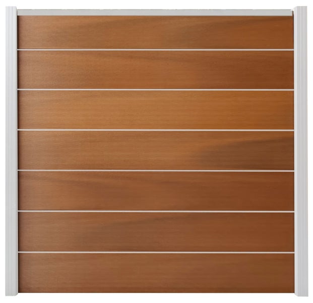 Gartenzaun-Element aus Holz mit horizontalen Lamellen und weißem Rahmen