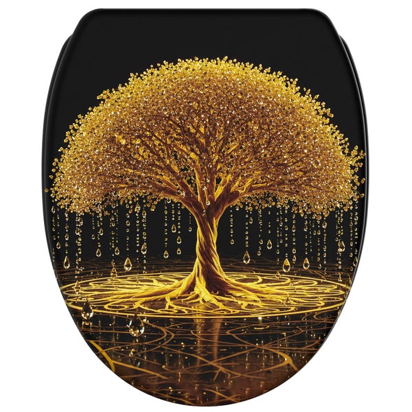 Toilettensitz mit aufgedrucktem Motiv eines goldenen Baumes vor dunklem Hintergrund.