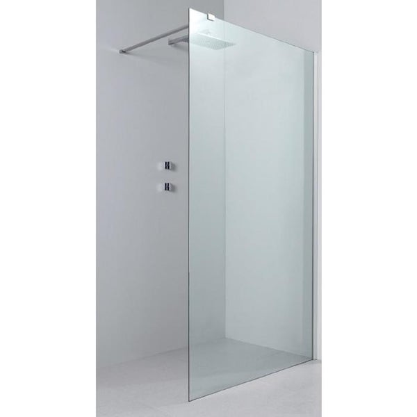 Walk-in Duschwand aus Glas mit Wandbefestigung und Stabilisierungsstange zur ebenerdigen Dusche.