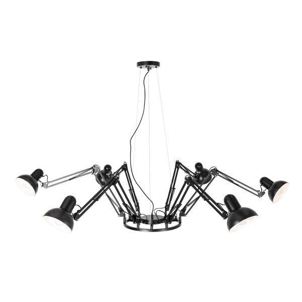 Schwarze Pendelleuchte mit sechs Armen und verstellbaren Lampenschirmen.