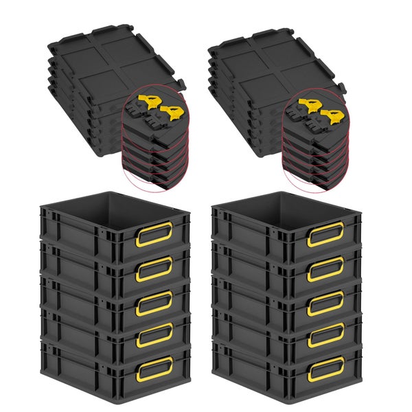 PROREGAL SuperSparSet 10x Eurobox NextGen Color mit Scharnierdeckel und Schiebeschnappverschlüssen, HxBxT 12x30x40cm, 11 Liter, Schwarz, Griffe gelb geschlossen, Eurobehälter, Transportbox, Transportbehälter, Stapelbehälter