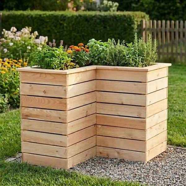 L-förmiges Hochbeet aus unbehandeltem Holz für den Garten, bepflanzt mit Kräutern und Blumen, auf einer Kiesfläche im Freien.
