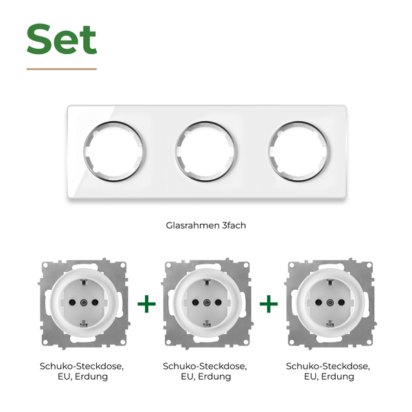 Set aus dreifachem Glasrahmen und drei Schuko Steckdosen mit Schutzkontakt