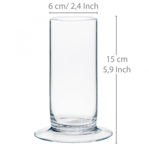 Zylindrische Glasvase aus klarem Glas mit breitem Fuß, Durchmesser 6 Zentimeter, Höhe 15 Zentimeter.