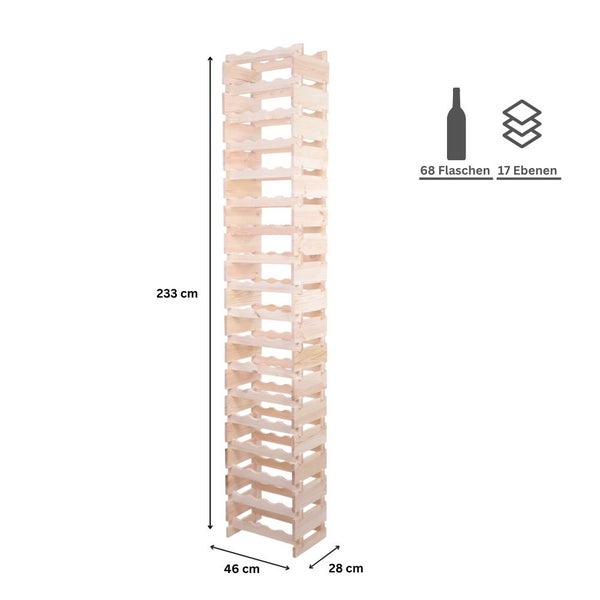 Weinregal VINOTECA FLEX PRO HxBxT 233x46x28cm 68 Flaschen auf 17 Ebenen Massives Kiefernholz Natur unbehandelt