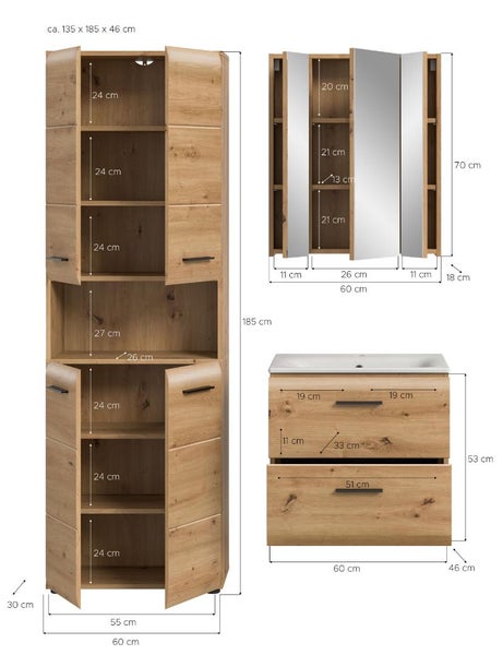 Badezimmer-Set in Eichenoptik mit Maßangaben in Zentimeter für Hochschrank, Spiegelschrank und Waschbeckenunterschrank.