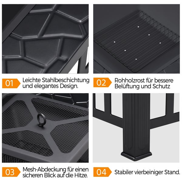 Detailansichten einer Feuerstelle: Stahlbeschichtung, Holzrost, Netzabdeckung und stabiler Stand.