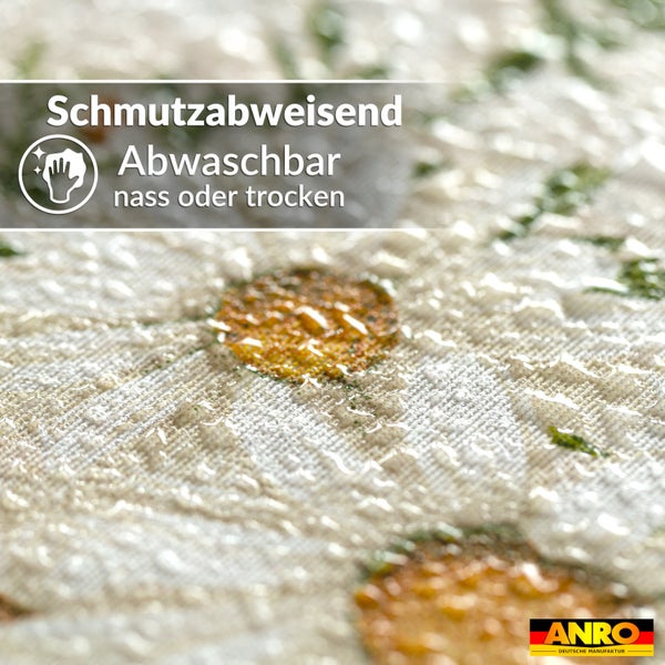 Schmutzabweisender und nass oder trocken abwaschbarer Stoff mit Wassertropfen auf der Oberfläche. ANRO Logo.