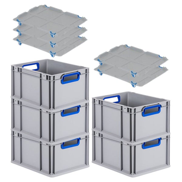 PROREGAL Spar Set 5x Eurobox Nextgen Color Mit Auflagedeckel & Schiebeschnappverschlüsse HxBxT 22 x 30 x 40 cm Griffe Blau Offen Glatter Boden