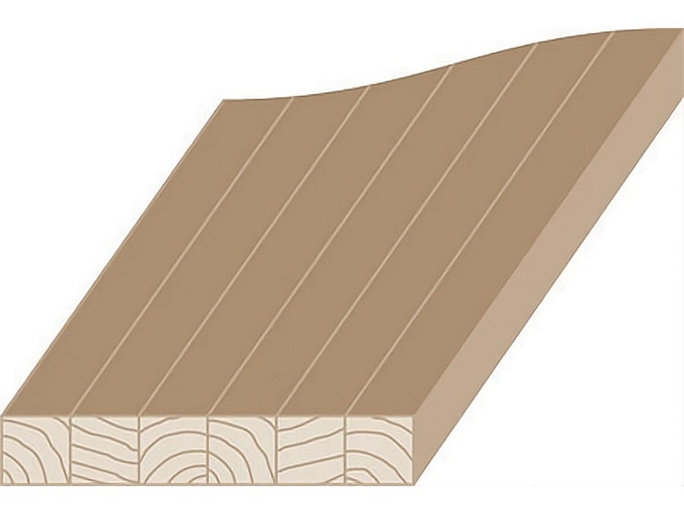 Massivholzplatte aus verleimten Holzlamellen, Ansicht von oben und auf die Stirnkante.