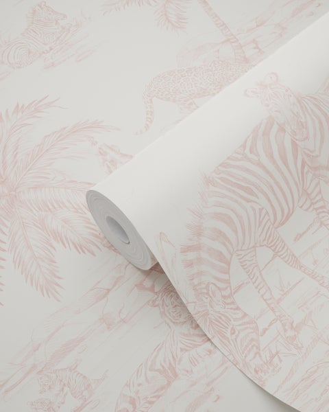 Vliestapete mit Safari-Motiven wie Zebras, Leoparden, Tigern und Palmen in feiner Linienzeichnung.
