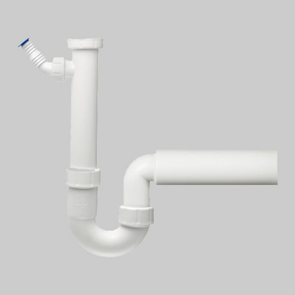 Röhrensiphon aus weißem Kunststoff mit Geräteanschluss für die Spüle.