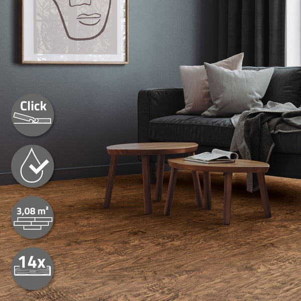 ML-Design Deluxe PVC Bodenbelag, Click Vinyl-Dielen, Vinylboden, 122 cm x 18 cm x 4,2 mm, Dicke 4,2 mm, 3,08m²/14 Dielen, Classic Akazie, Braun, Holzoptik, rutschfest, wasserfest, Belastungsklasse 34