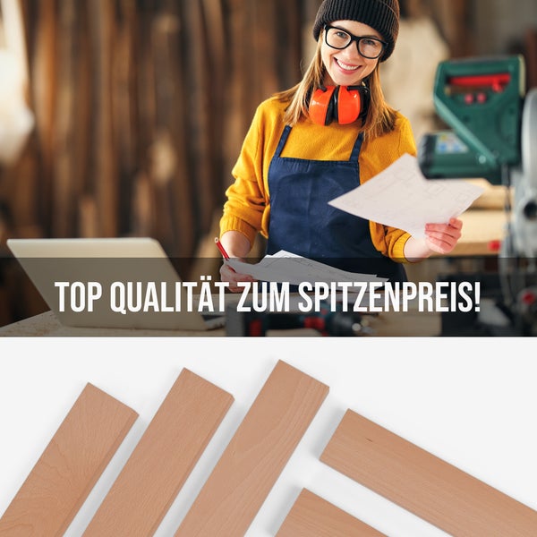 Holzleisten im Fokus, Zimmermann im Hintergrund