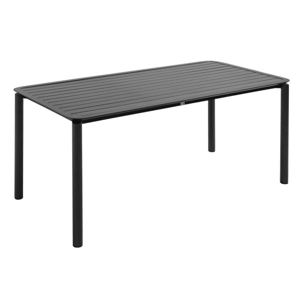 Gartentisch aus Metall mit rechteckiger Lattenplatte und runden Beinen.