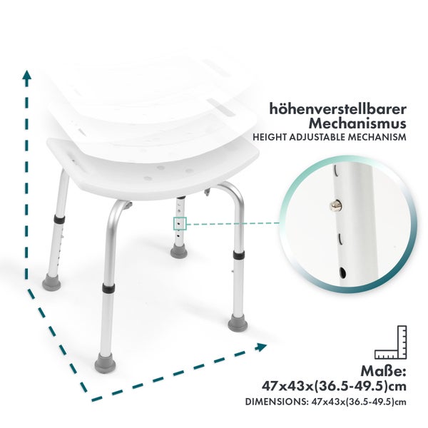 Duschstuhl mit höhenverstellbarem Mechanismus und den Maßen 47x43x (36.5-49.5) cm.