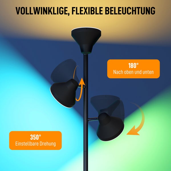 HOMCOM Stehlampe Wohnzimmer Dimmbar mit Leselampe, Stehleuchte RGB Farbwechsel mit Fernbedienung Touch-Steuerung 3 drehbare Köpfe 4150lm 2700K–6000K Standleuchte für Wohnzimmer Schlafzimmer