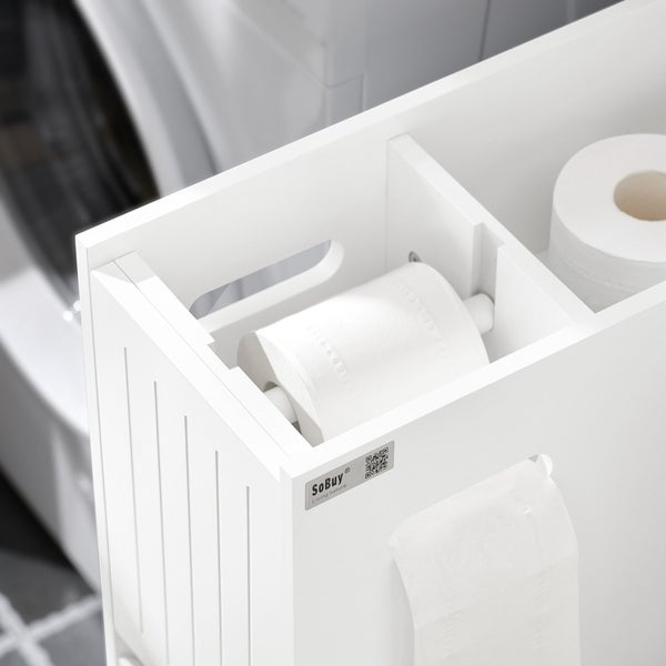 Weißes Badezimmerregal mit Toilettenpapierrollen