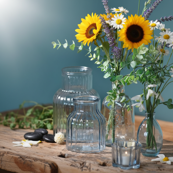 Verschiedene Glasvasen mit einem sommerlichen Blumenstrauß aus Sonnenblumen, Gänseblümchen und Lavendel auf einem rustikalen Holztisch.
