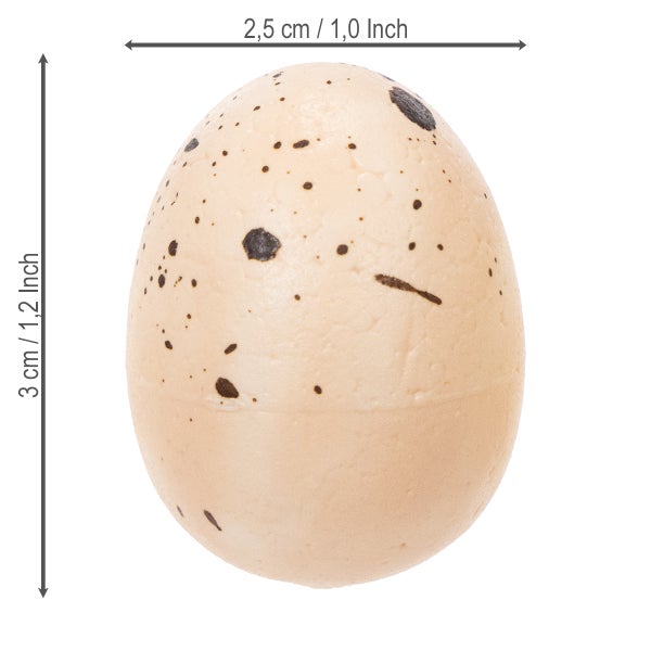 Dekoratives Vogelei mit Fleckenmuster, 2,5 cm breit und 3 cm hoch.