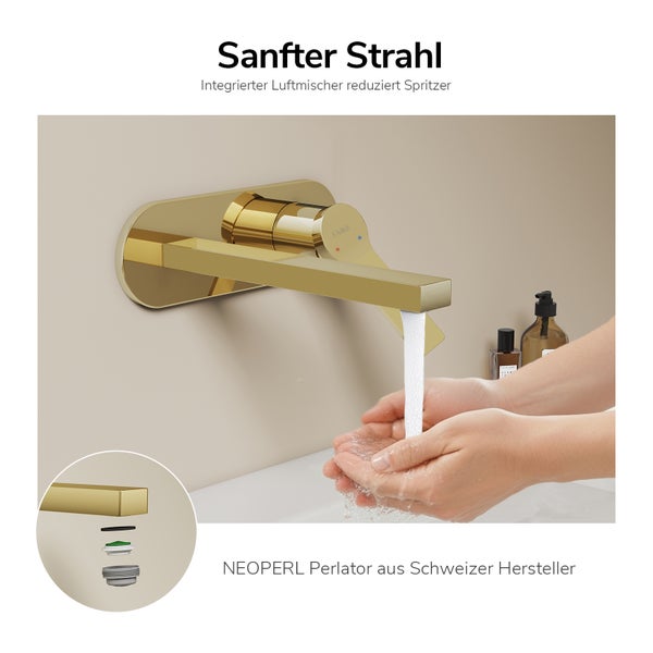 Wandwaschtischarmatur in Goldoptik mit integriertem Neoperl Luftmischer für einen sanften Wasserstrahl und reduzierte Spritzerbildung.