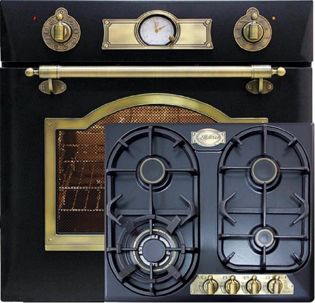 Einbau Backofen und Gaskochfeld im antiken Stil mit Messingelementen und analogen Bedienelementen