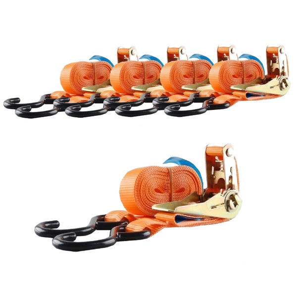Set aus vier Spanngurten mit Ratsche und Haken zur Ladungssicherung