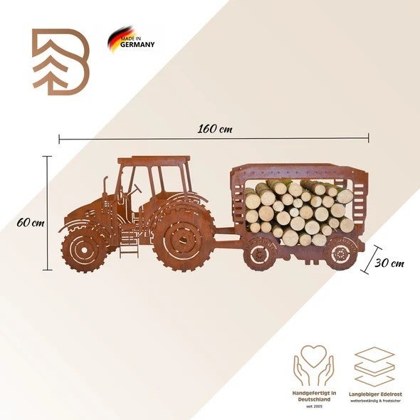 Kaminholzregal aus Edelrost in Form eines Traktors mit Anhänger, Maße: Breite 160 Zentimeter, Höhe 60 Zentimeter, Tiefe 30 Zentimeter.