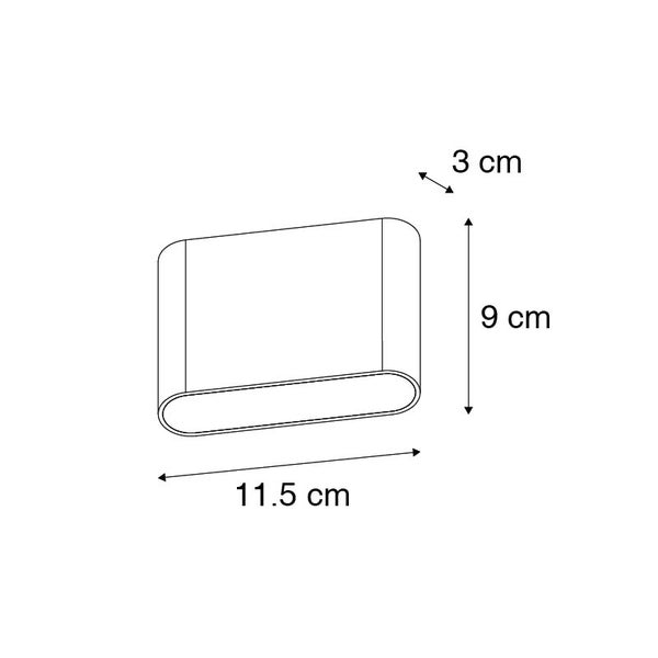 Maßzeichnung der Wandleuchte: Breite 11,5 Zentimeter, Höhe 9 Zentimeter, Tiefe 3 Zentimeter.