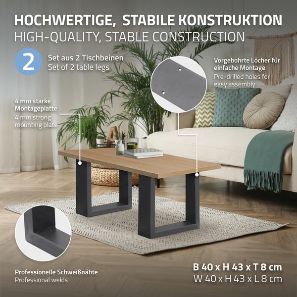 ECD Germany 2x Tischbeine 40x43 cm, Anthrazit, pulverbeschichteter Stahl, Industriedesign, Vierkantprofilen, Metall Tischkufen Tischuntergestell Tischgestell Möbelfüße Bankkufen Bankgestell Bankbeine