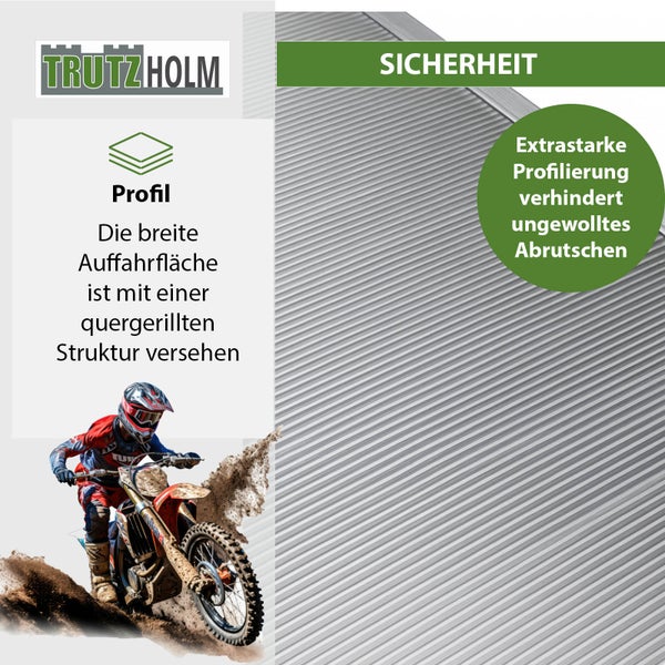 TrutzHolm Logo, Profilinformationen, Sicherheitshinweis und Darstellung einer Rampe mit quergerillter Struktur.