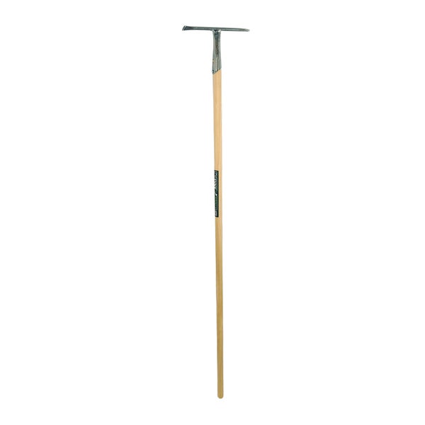 Unkrautjäter mit langem Holzstiel und schmalem Metallblatt für die Gartenarbeit.