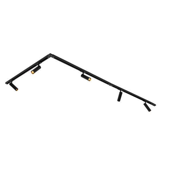 Winkel Schienensystem mit fünf verstellbaren LED Strahlern in modernem Design für die Deckenbeleuchtung.