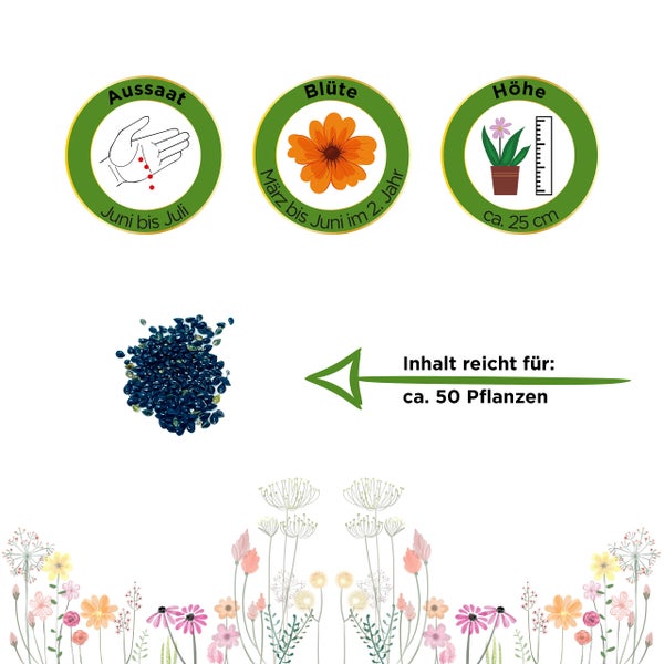 Aussaat von Juni bis Juli, Blüte von März bis Juni im zweiten Jahr, Wuchshöhe circa 25 Zentimeter, Inhalt ausreichend für circa 50 Pflanzen.
