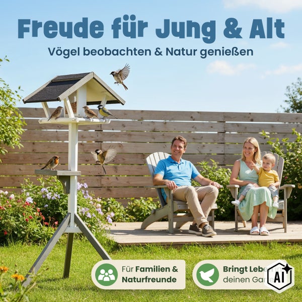 Familie beobachtet Vögel am Futterhaus im Garten auf einer Terrasse