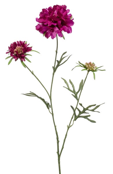 Künstliche Skabiose mit langem grünem Stiel, zwei lila Blüten und einer Knospe.