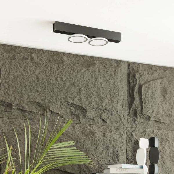 Deckenleuchte mit zwei runden Leuchtenelementen und einem länglichen Gehäuse.